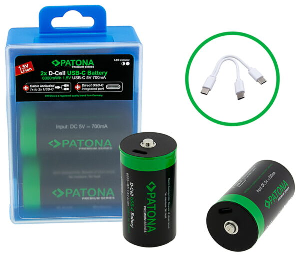 Set van 2 x Mono D oplaadbare batterijen, met USB-C aansluiting - Lithium Ion - 4000mAh